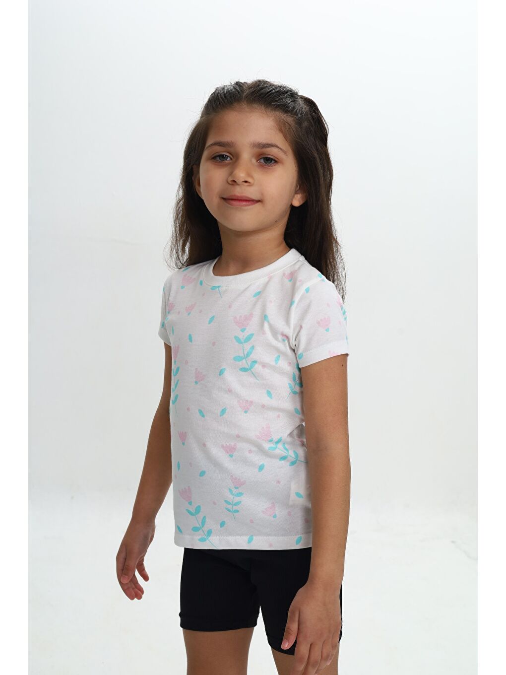 Beyaz Kız Çocuk Komple Lale Baskılı Tişört-3