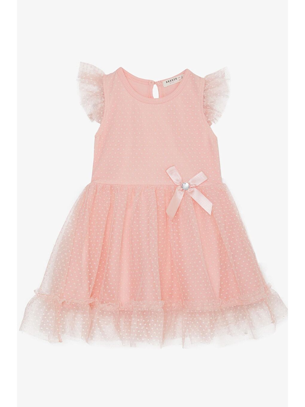 Pembe Kız Çocuk Elbise Omuzu Eteği Fırfırlı Tüllü Desenli Somon (3-8 Yaş)