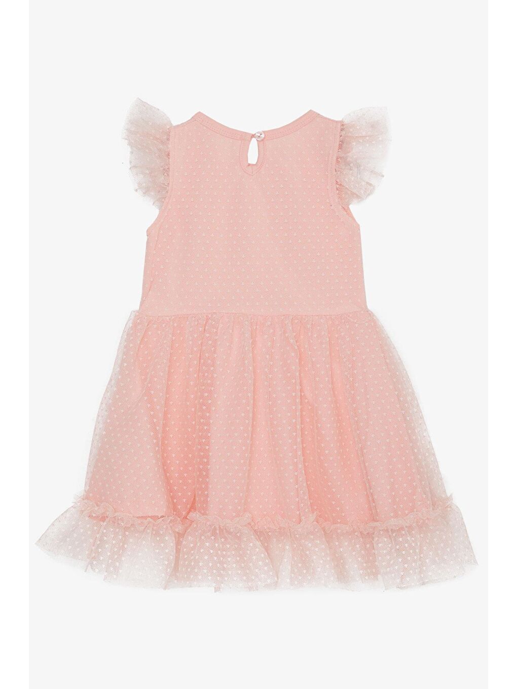 Pembe Kız Çocuk Elbise Omuzu Eteği Fırfırlı Tüllü Desenli Somon (3-8 Yaş)-1