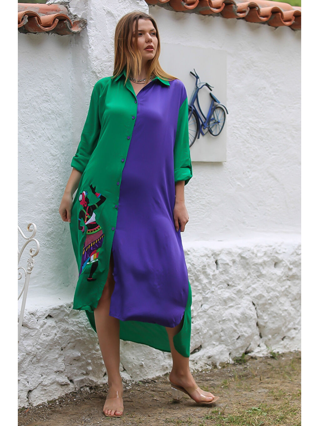 Yeşil-Mor Gömlek Yaka Düğmeli 3/4 Kol Düğmeli Nakışlı Dokuma Casual Elbise-4