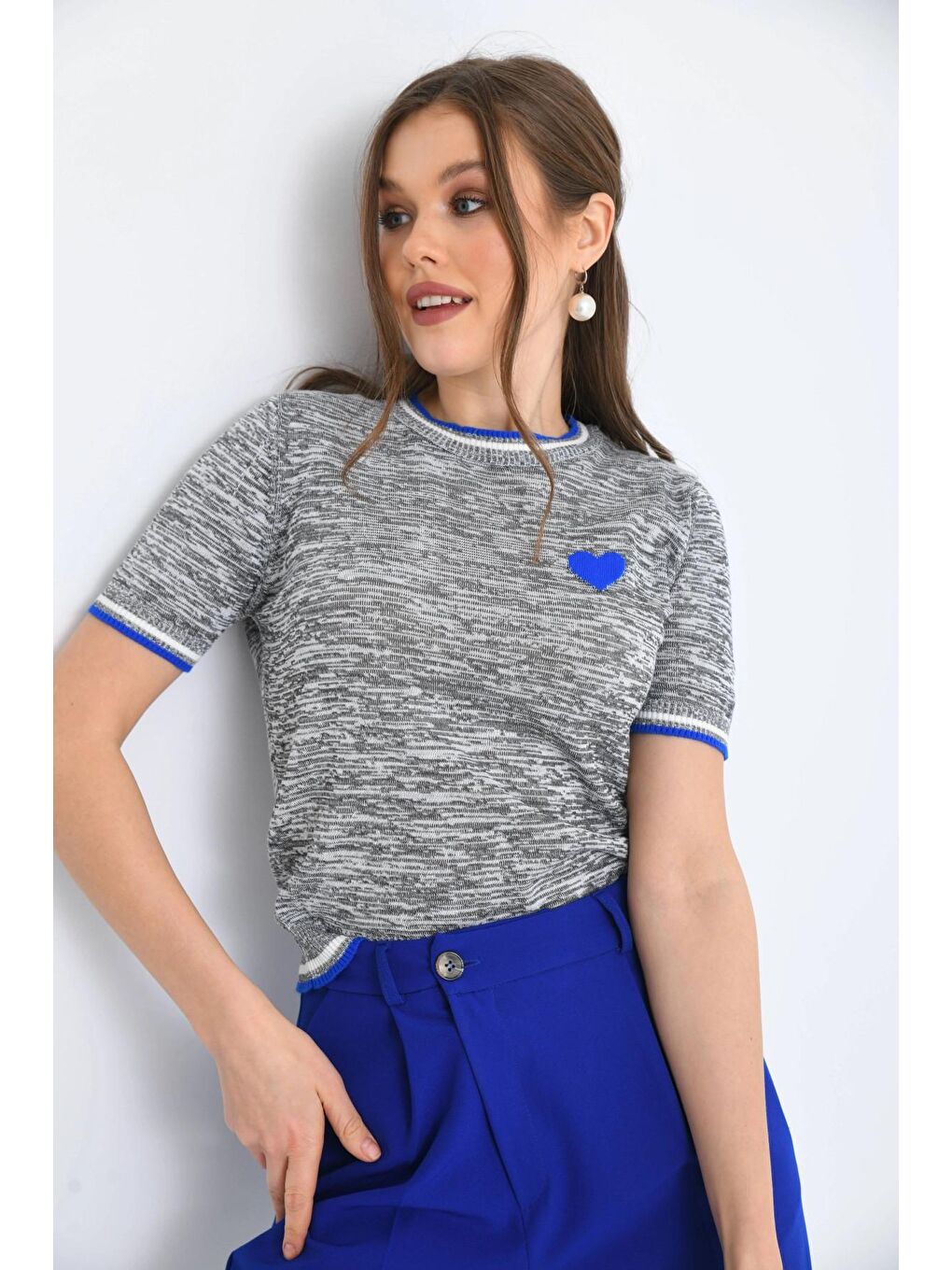 Mavi Gri-Turkuaz Kalp Desenli Kısa Kol Mevsimlik Kazak-1