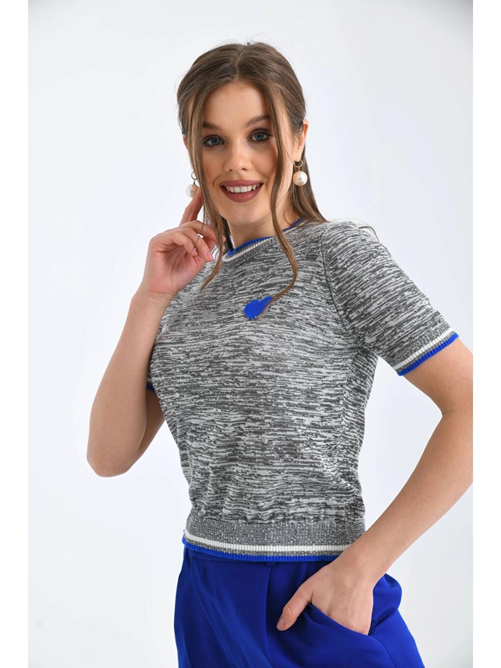 Mavi Gri-Turkuaz Kalp Desenli Kısa Kol Mevsimlik Kazak-2