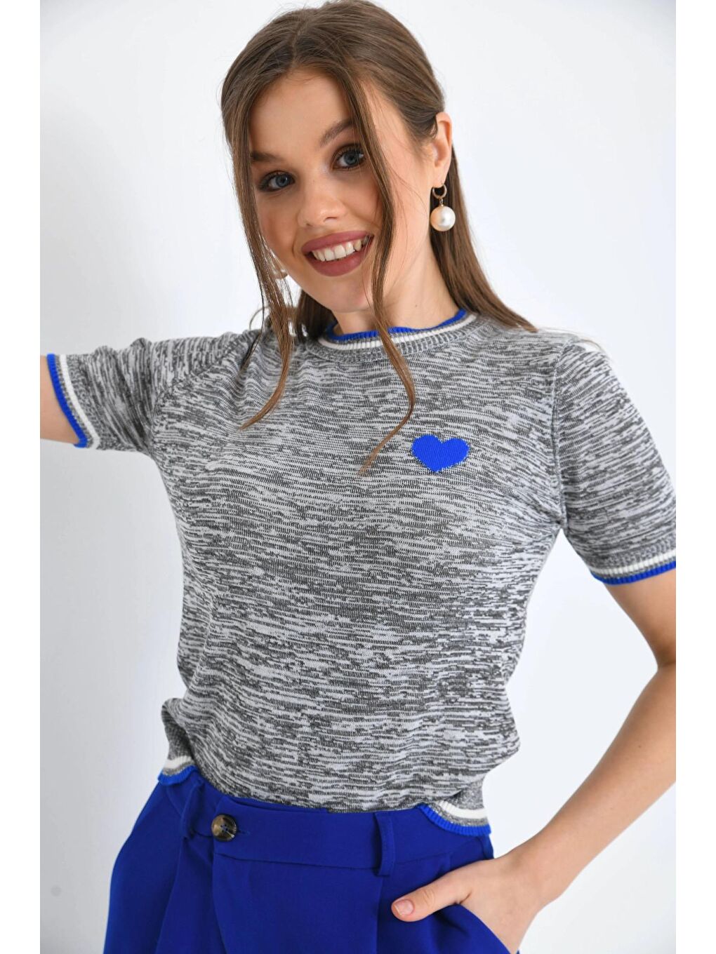 Mavi Gri-Turkuaz Kalp Desenli Kısa Kol Mevsimlik Kazak-3