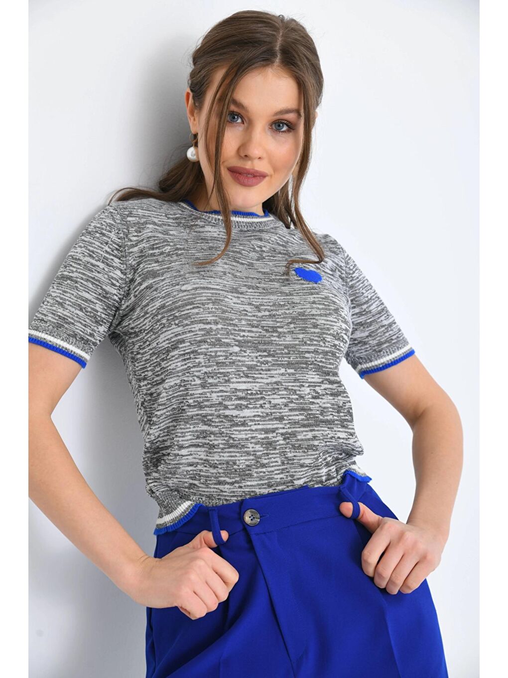 Mavi Gri-Turkuaz Kalp Desenli Kısa Kol Mevsimlik Kazak-4