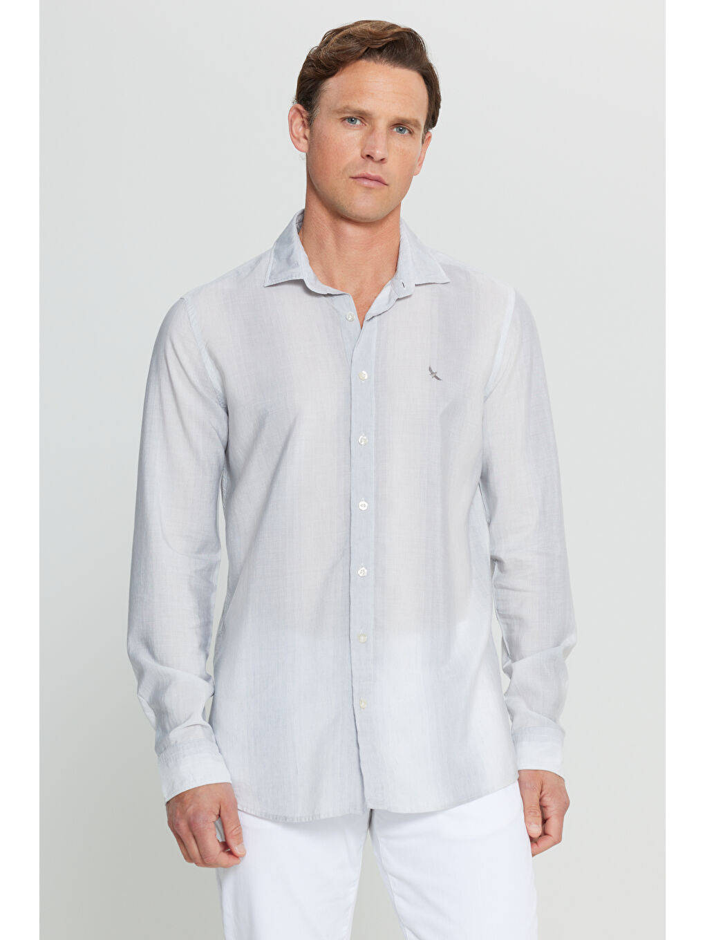 Erkek Gri Yumuşak Dokulu Keten Karışımlı Slim Fit Dar Kesim Klasik Yaka Çizgili Gömlek-2