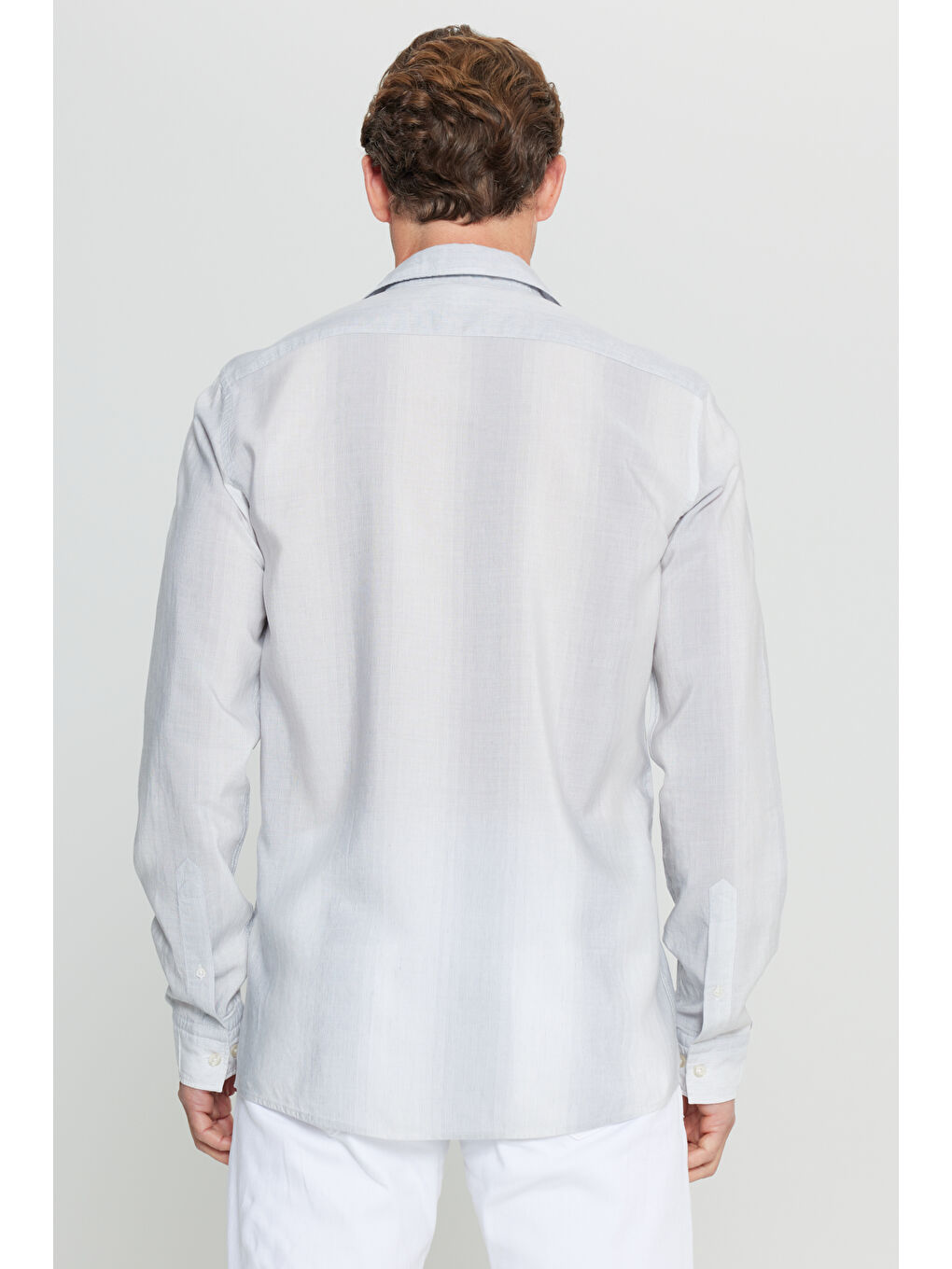 Erkek Gri Yumuşak Dokulu Keten Karışımlı Slim Fit Dar Kesim Klasik Yaka Çizgili Gömlek-4