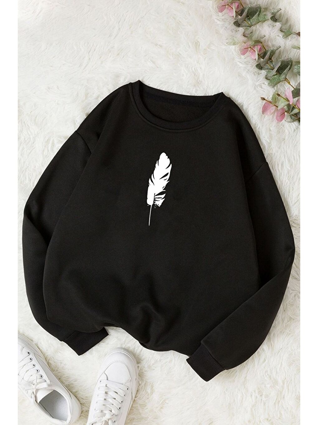 uyguntarz Siyah Unisex Tüy Baskılı Bisiklet Yaka Sweatshirt