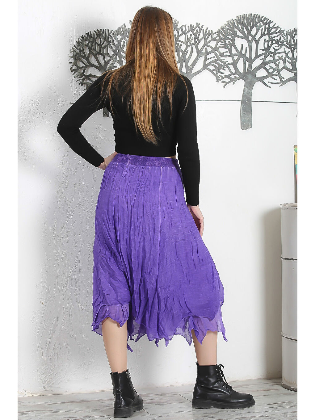 Mor Astarlı Yıkamalı Lastikli Bel Casual Asimetrik Dokuma Etek-7