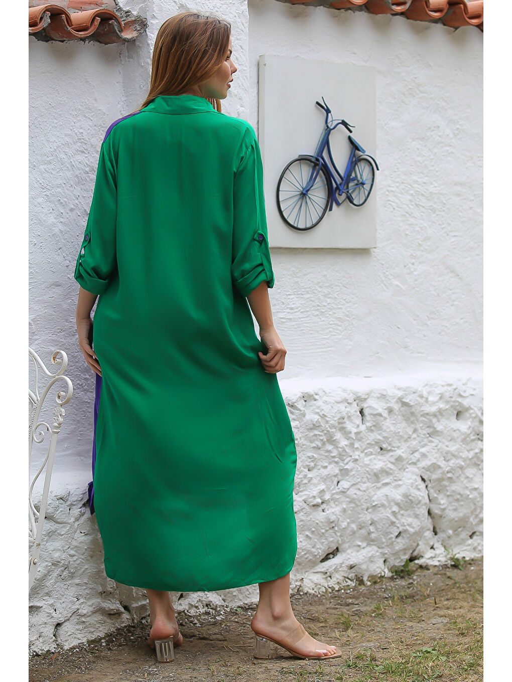 Yeşil-Mor Gömlek Yaka Düğmeli 3/4 Kol Düğmeli Nakışlı Dokuma Casual Elbise-6