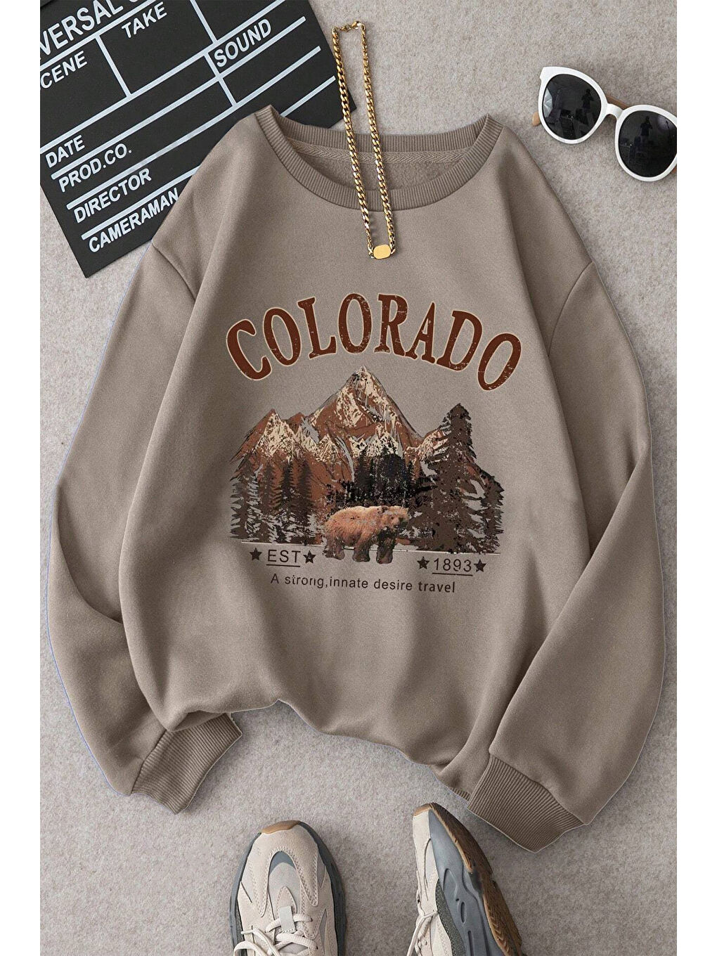 uyguntarz Bej Colorado Baskılı Oversize Sweatshirt