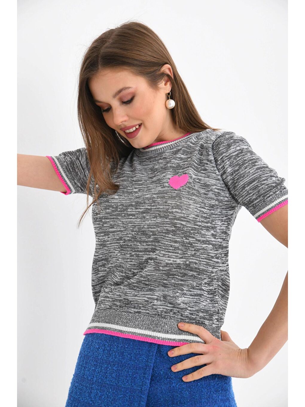 Fuşya Kalp Desenli Kısa Kol Mevsimlik Kazak-1