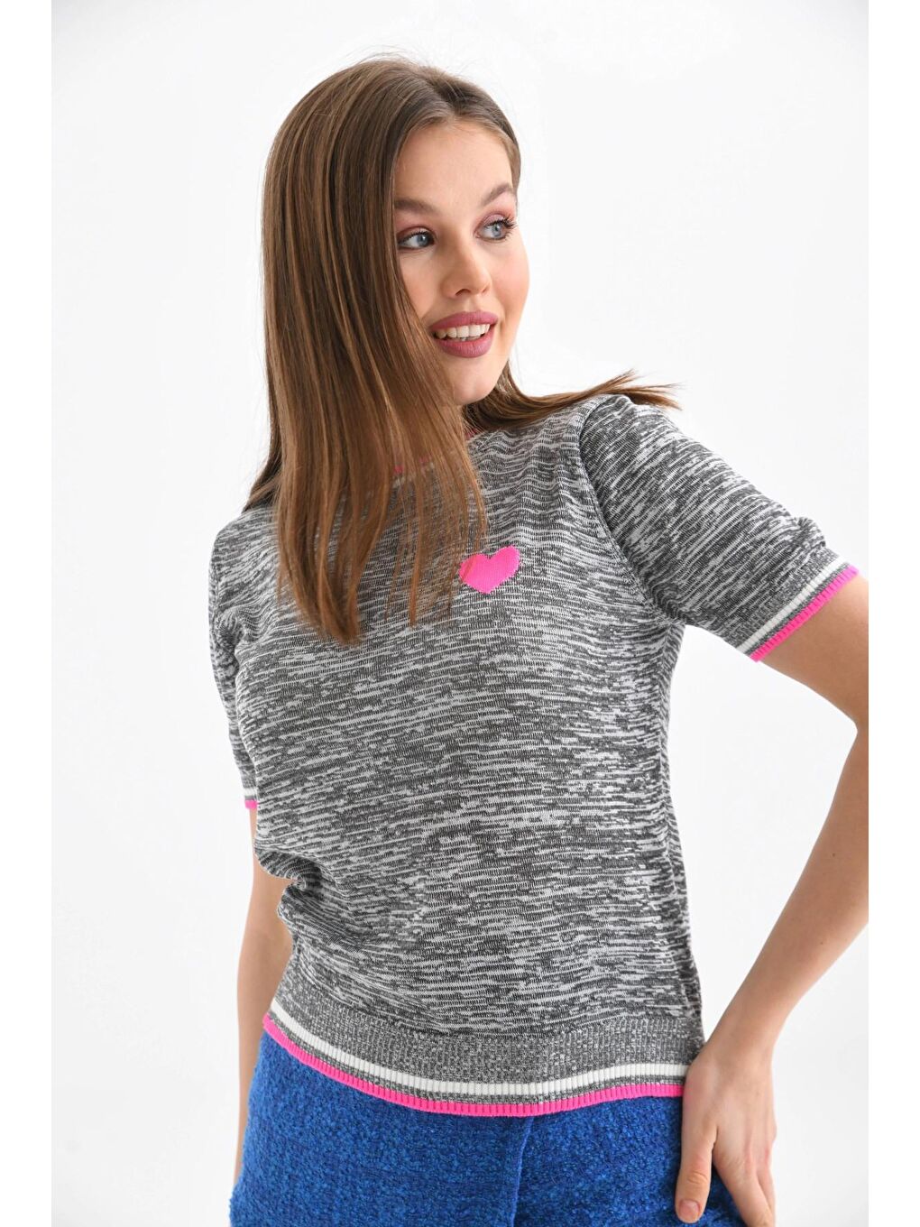 Fuşya Kalp Desenli Kısa Kol Mevsimlik Kazak-2