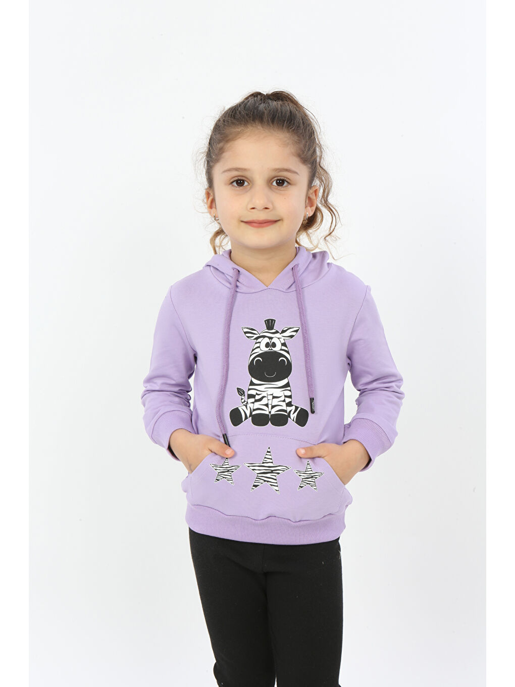 Toontoykids Lila Kız Çocuk Yıldızlı Zebra Baskılı Kapüşonlu Sweatshirt - 2