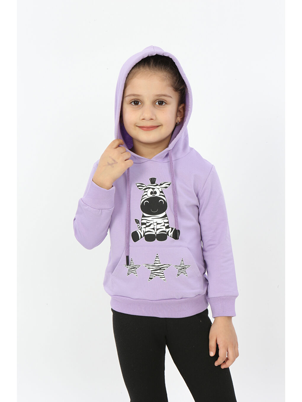 Toontoykids Lila Kız Çocuk Yıldızlı Zebra Baskılı Kapüşonlu Sweatshirt - 3