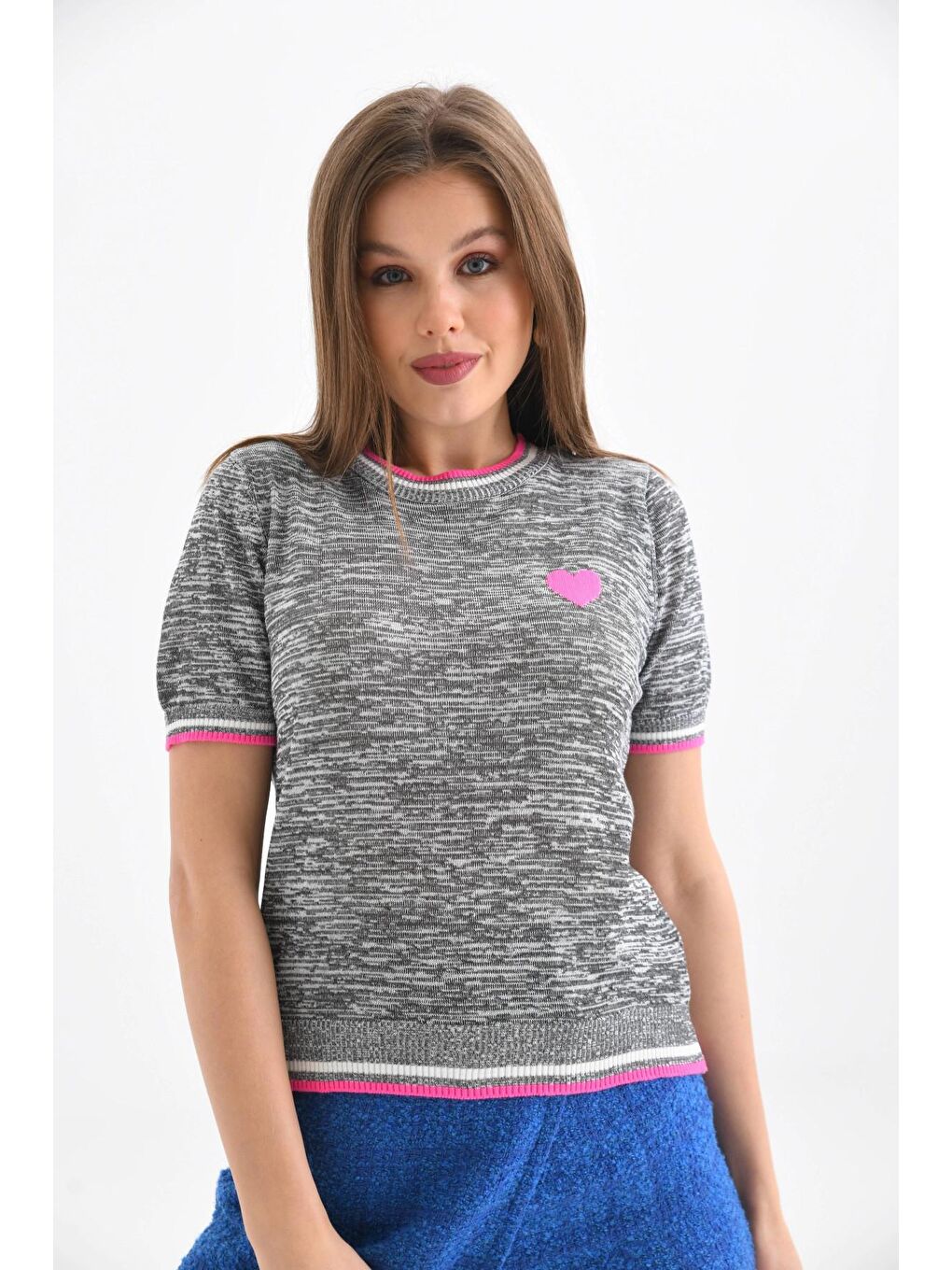 Fuşya Kalp Desenli Kısa Kol Mevsimlik Kazak-3