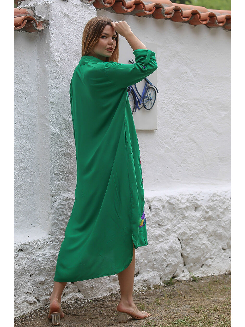 Yeşil-Mor Gömlek Yaka Düğmeli 3/4 Kol Düğmeli Nakışlı Dokuma Casual Elbise-7