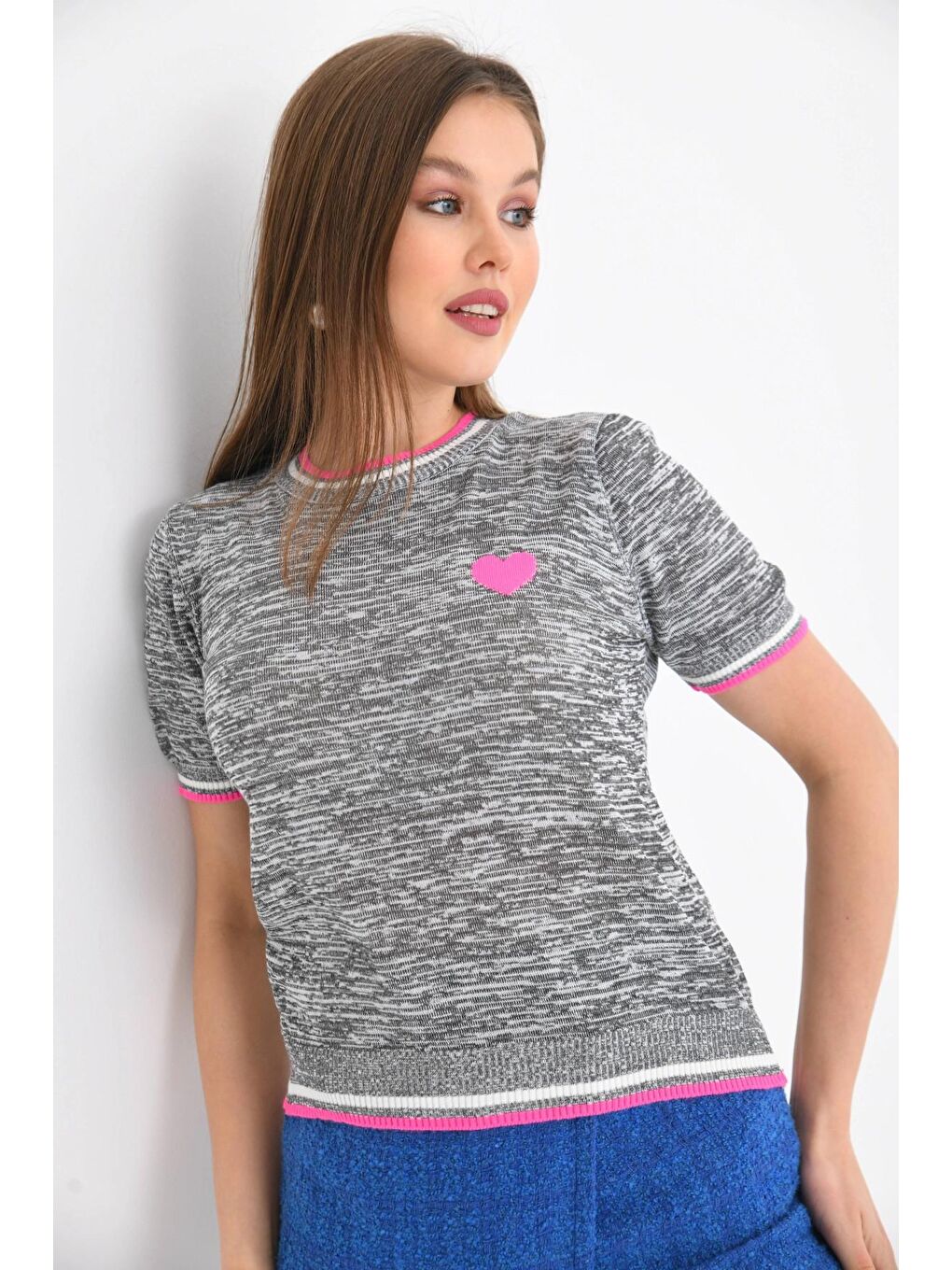 Fuşya Kalp Desenli Kısa Kol Mevsimlik Kazak-4