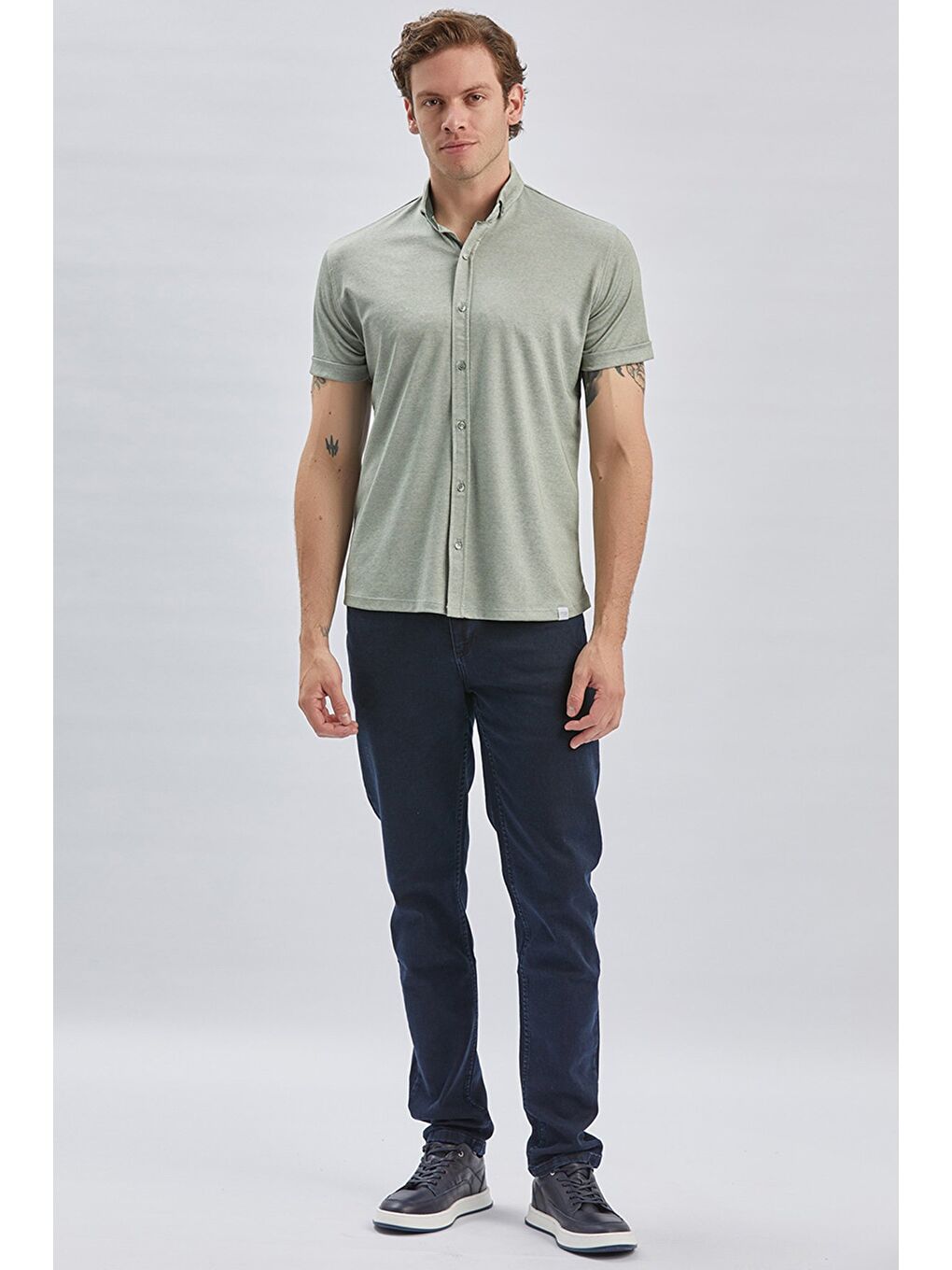 Koyu Haki Desenli Oxford Polo Yaka Cepli Pamuklu Casual Slim Fit Dar Kesim Gömlek 1011240178