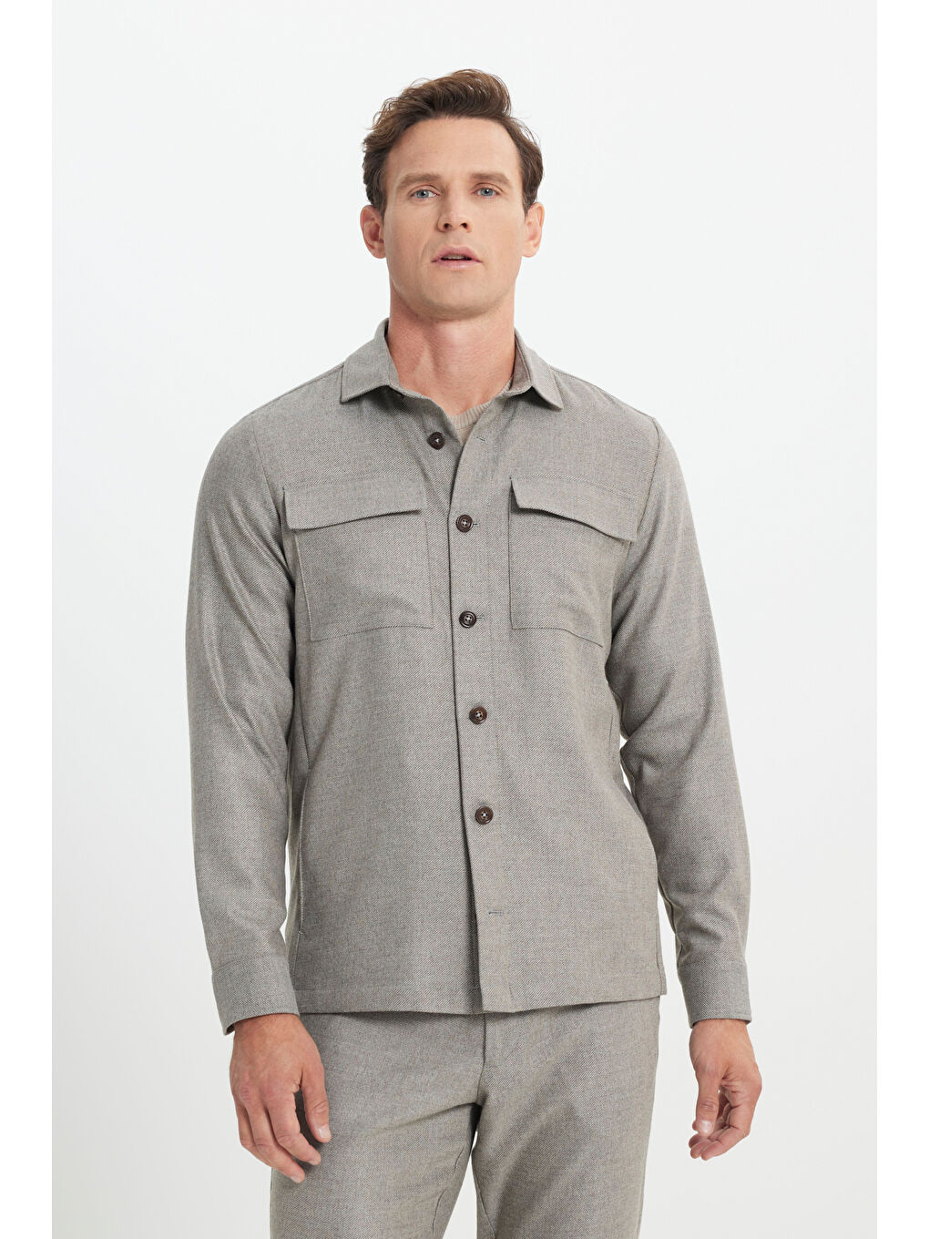 Erkek Bej-Gri Yünlü Relax Fit Rahat Kesim Beli Bağlamalı Diagonal Desenli Takım Elbise Pantolonu-3