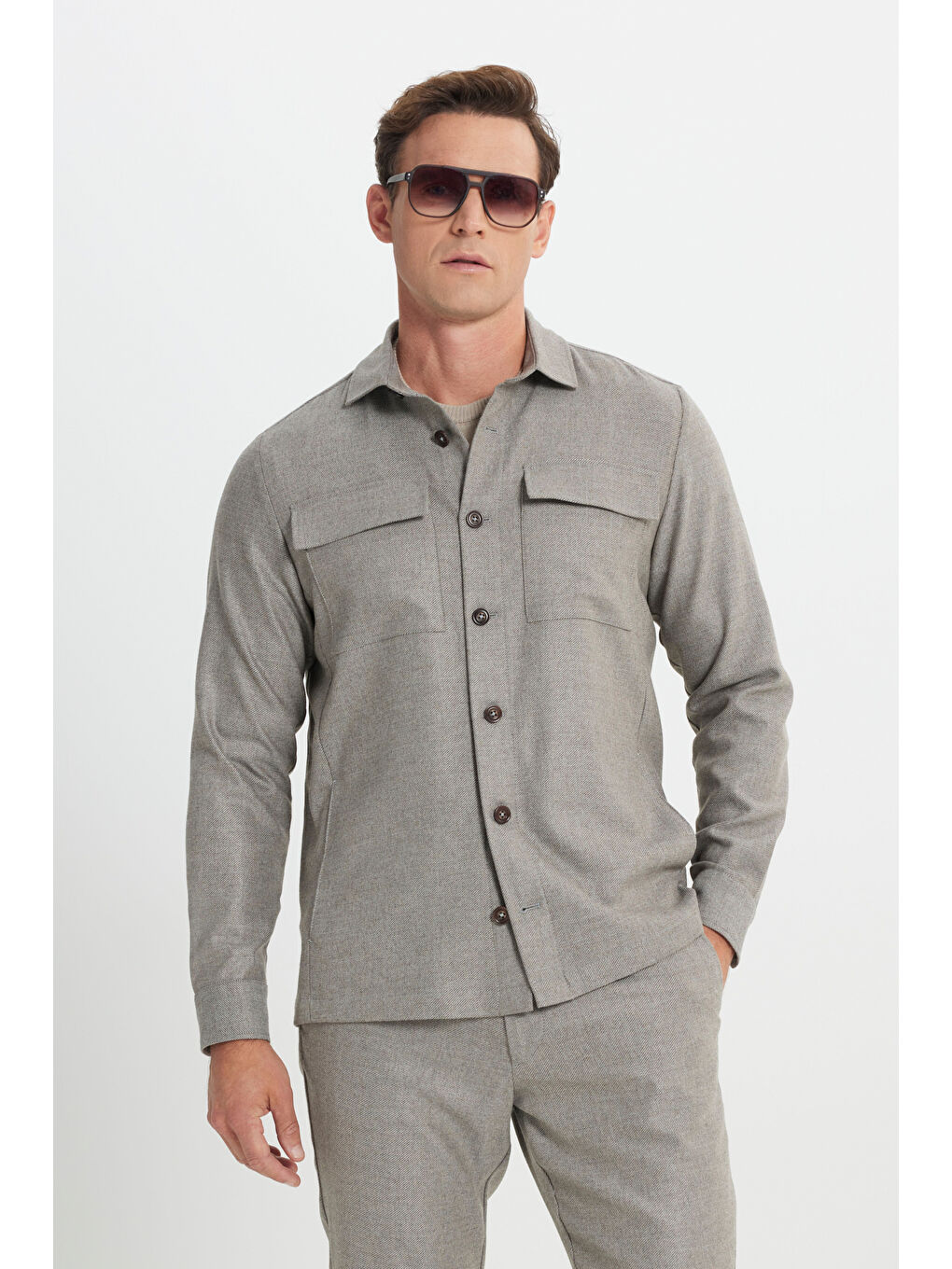 Erkek Bej-Gri Yünlü Relax Fit Rahat Kesim Beli Bağlamalı Diagonal Desenli Takım Elbise Pantolonu-4