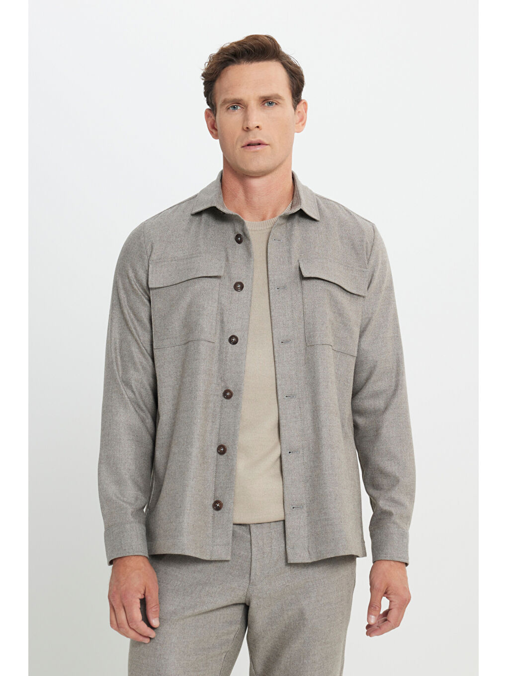 Erkek Bej-Gri Yünlü Relax Fit Rahat Kesim Beli Bağlamalı Diagonal Desenli Takım Elbise Pantolonu-5