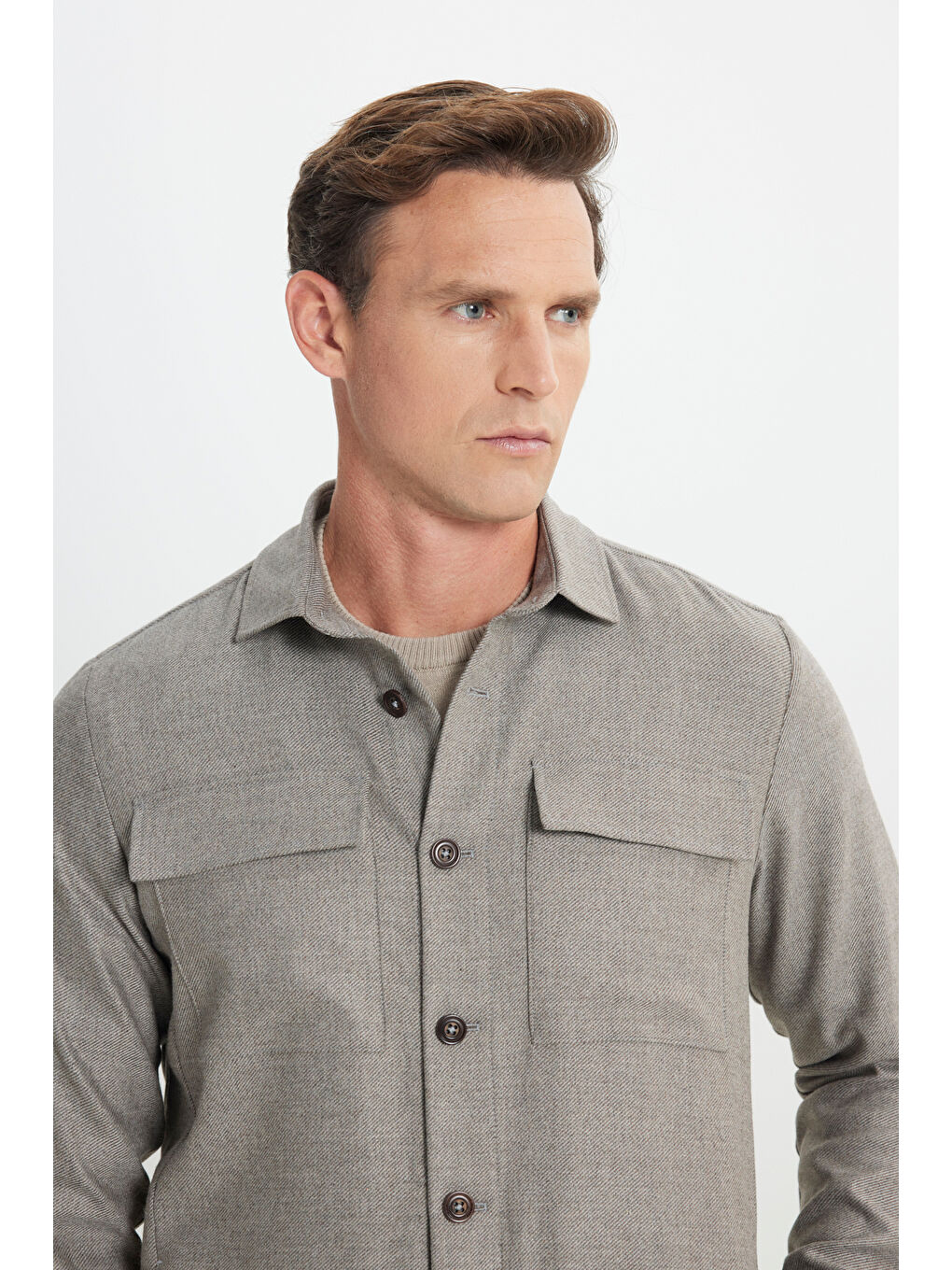 Erkek Bej-Gri Yünlü Relax Fit Rahat Kesim Beli Bağlamalı Diagonal Desenli Takım Elbise Pantolonu-6