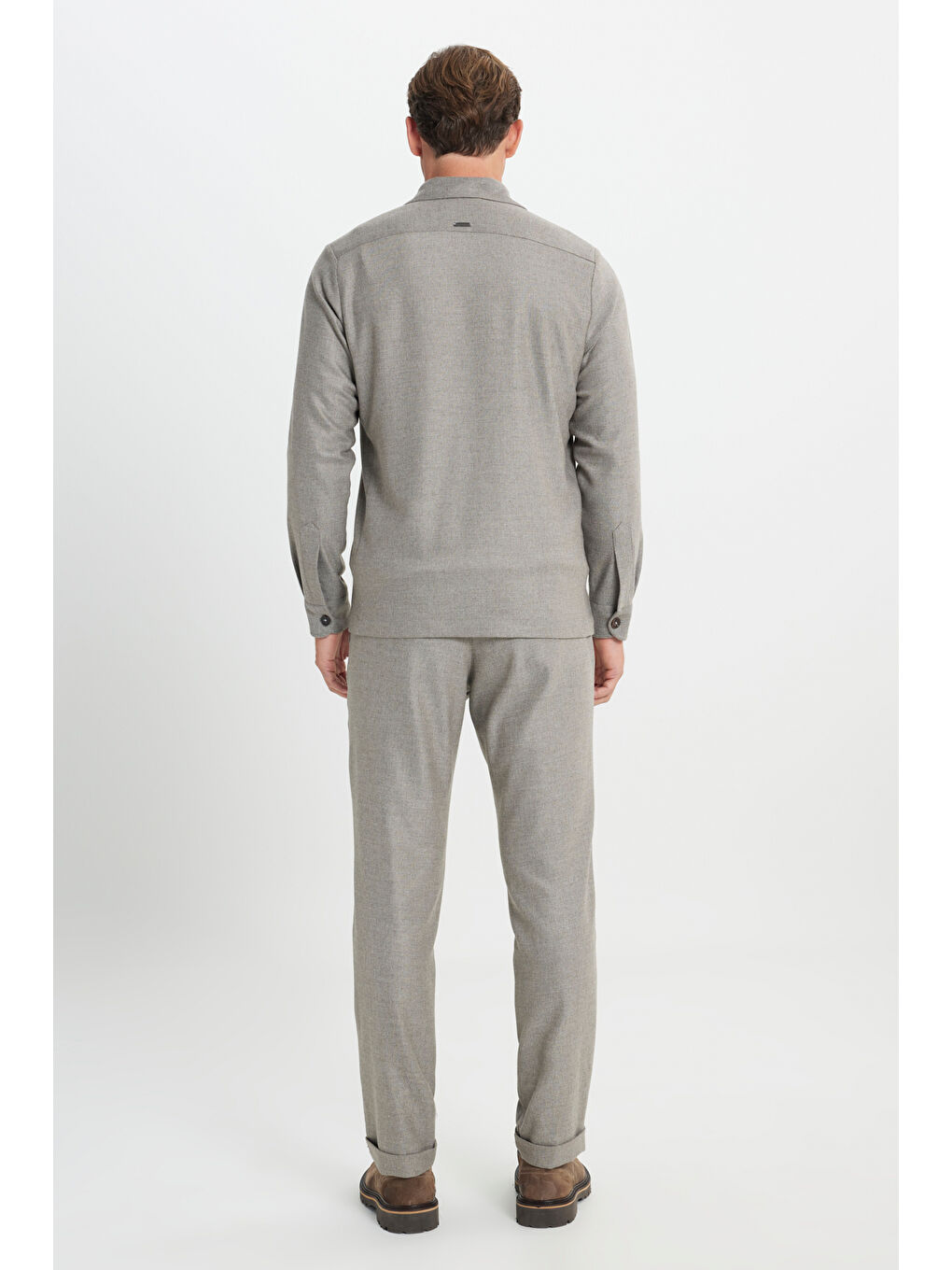 Erkek Bej-Gri Yünlü Relax Fit Rahat Kesim Beli Bağlamalı Diagonal Desenli Takım Elbise Pantolonu-7