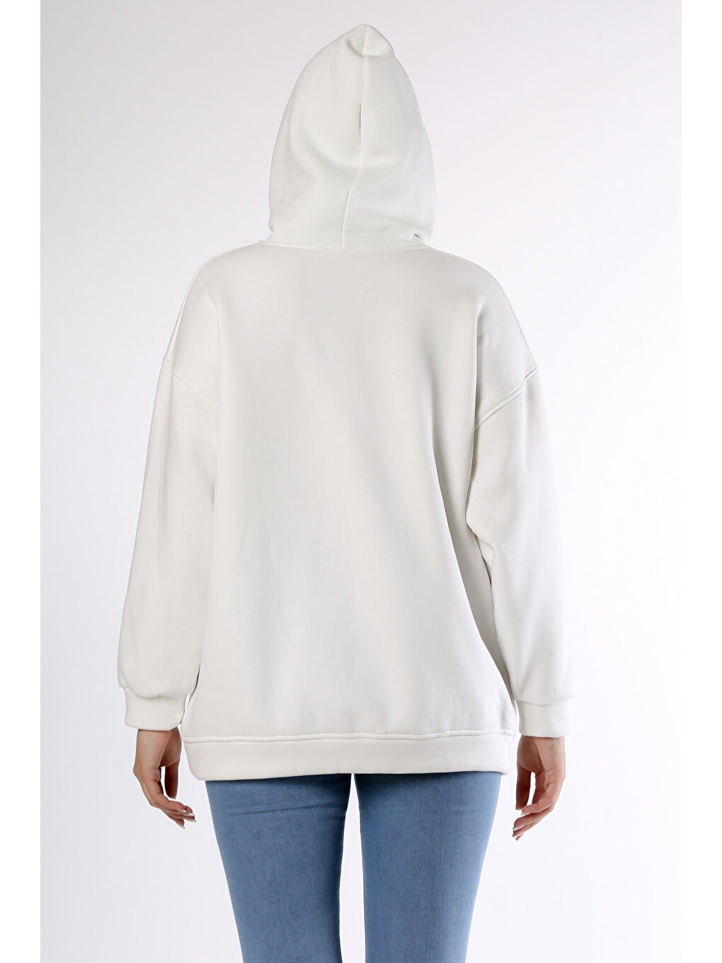 Beyaz Kapüşonlu Uzun Kol Fermuarlı Örme Sweatshirt-1