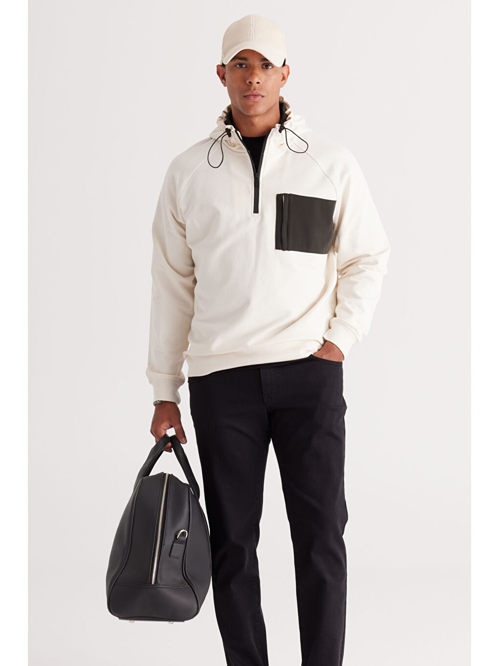 Erkek Ekru-Haki Standart Fit Normal Kesim Kapüşonlu Pamuklu Sweatshirt-1