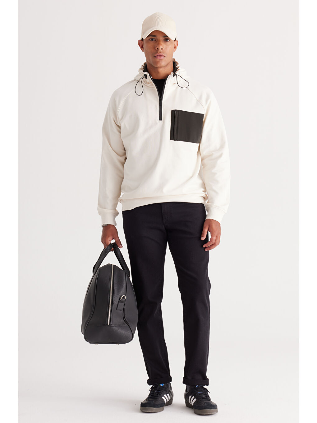 Erkek Ekru-Haki Standart Fit Normal Kesim Kapüşonlu Pamuklu Sweatshirt-4