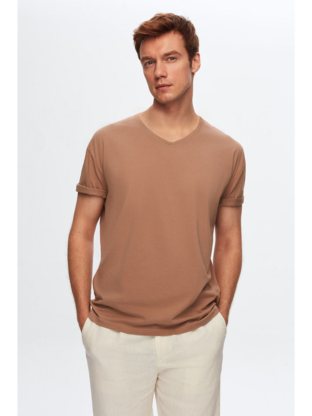 Bej Slim Fit Vizon V Yaka %100 Pamuk Tişört-1