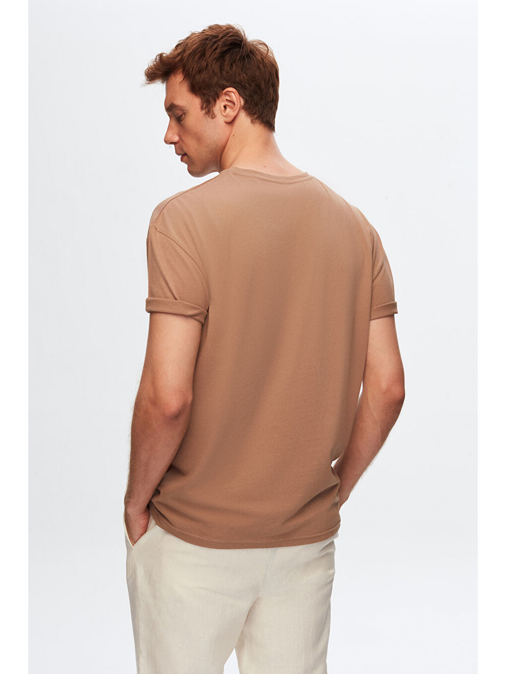 Bej Slim Fit Vizon V Yaka %100 Pamuk Tişört-3