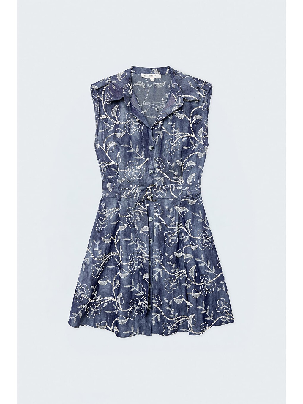 Denim Görünümlü Nakışlı Mini Elbise - Lacivert