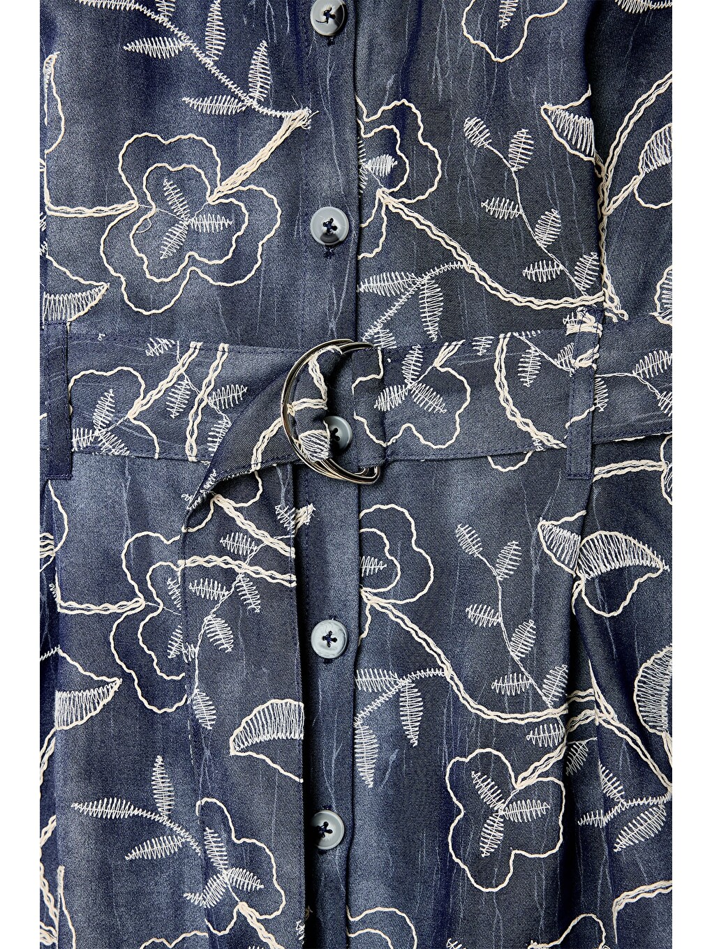 Denim Görünümlü Nakışlı Mini Elbise - Lacivert-1