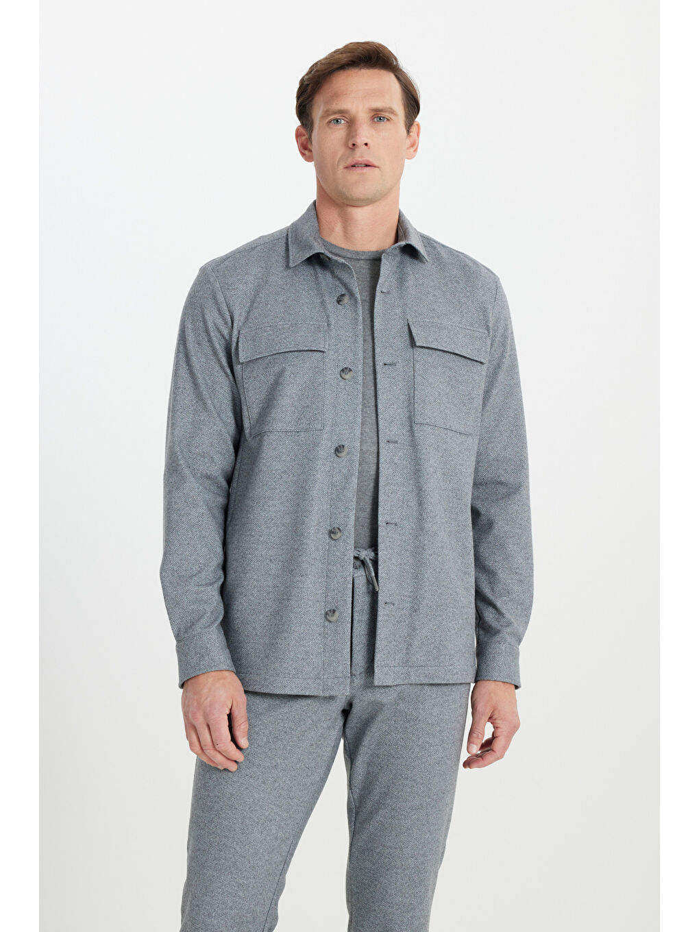 Erkek Gri Relax Fit Rahat Kesim Gömlek Yaka Diagonal Desenli Esnek Takım Elbise Ceketi
