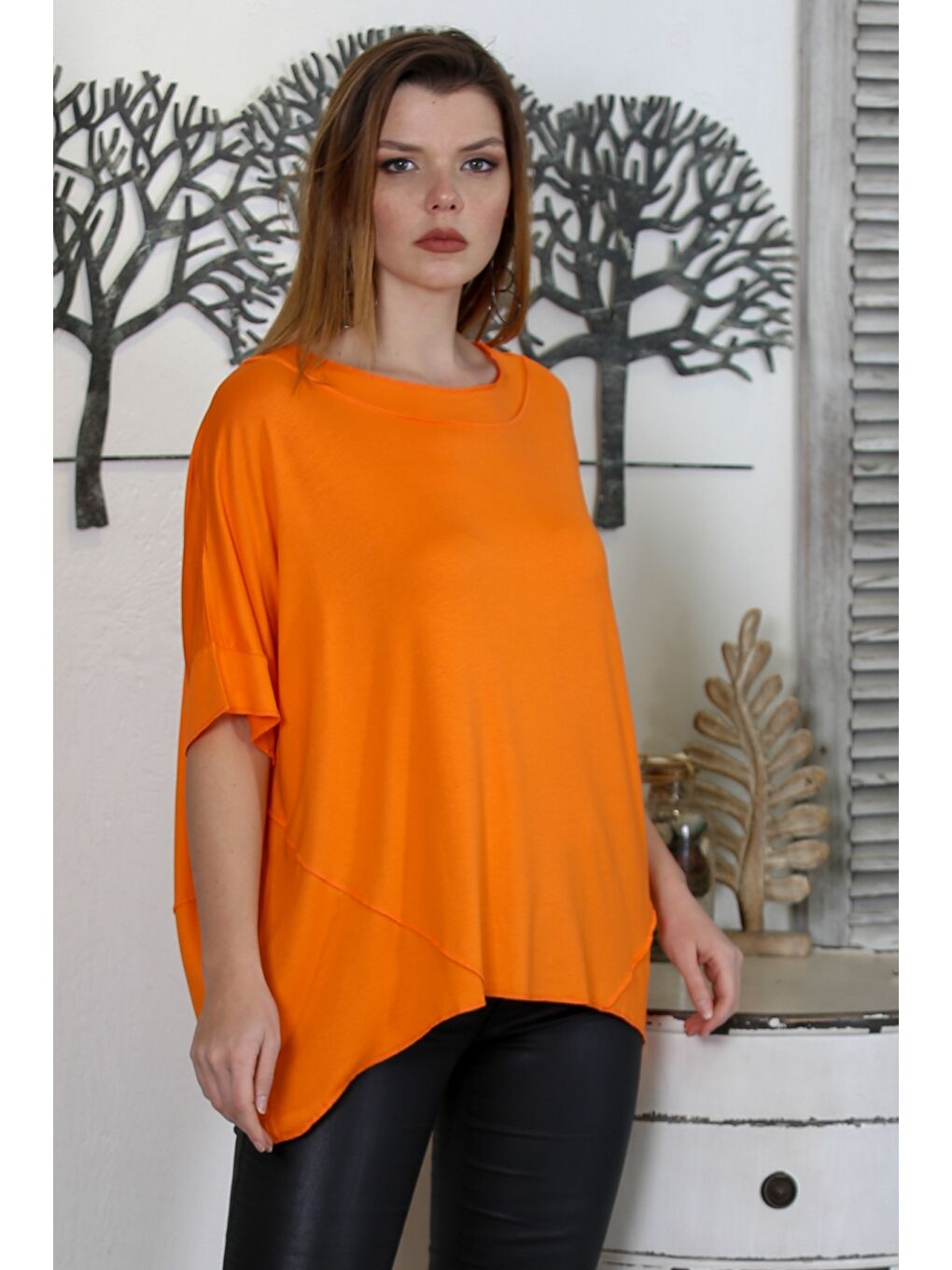 Turuncu Yuvarlak Yaka Kısa Kol Örme Oversize Casual Tişört-3