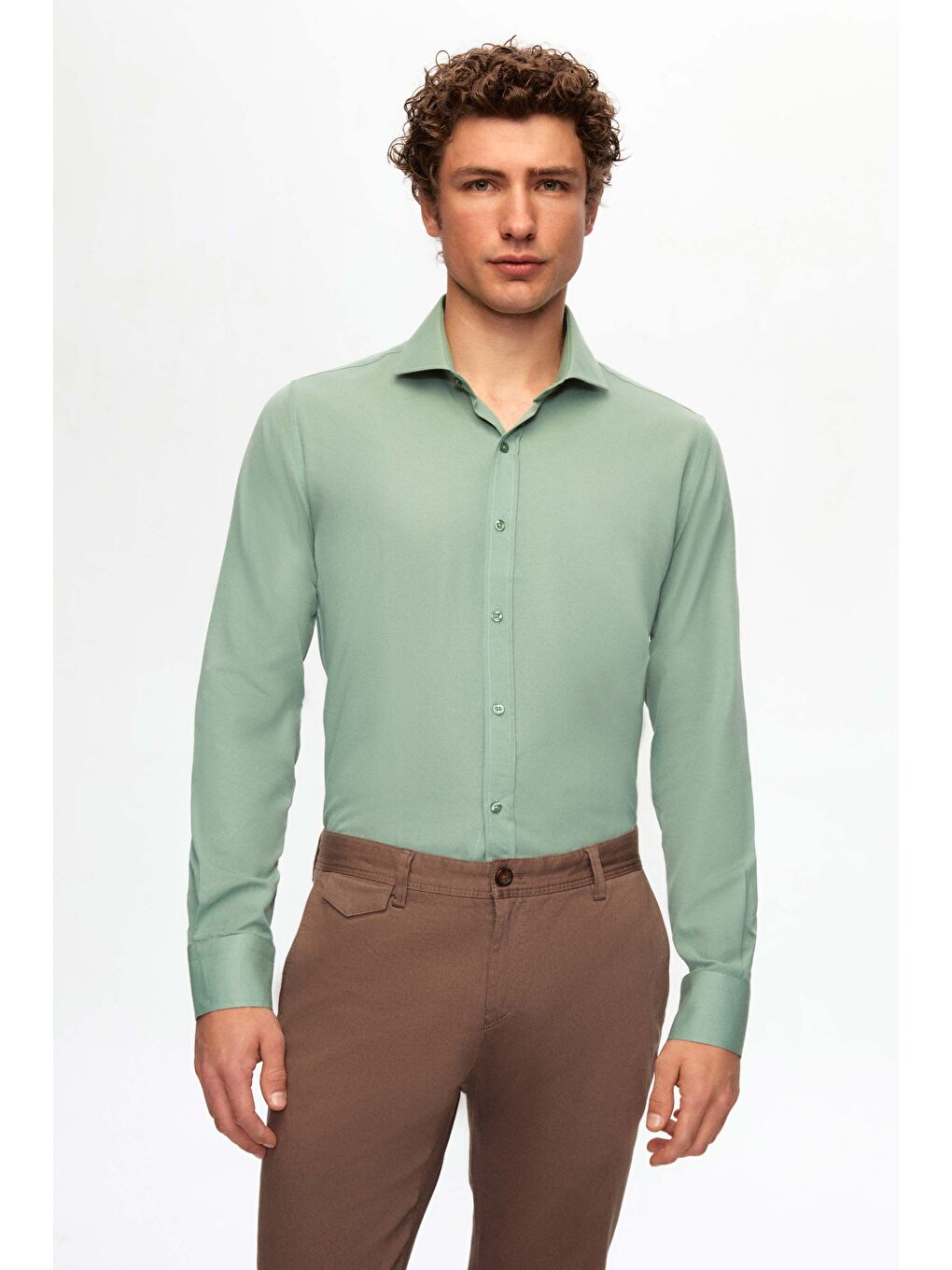 Slim Fit Yeşil İtalyan Yaka Kolay Ütülenebilir 2'li Gömlek-1