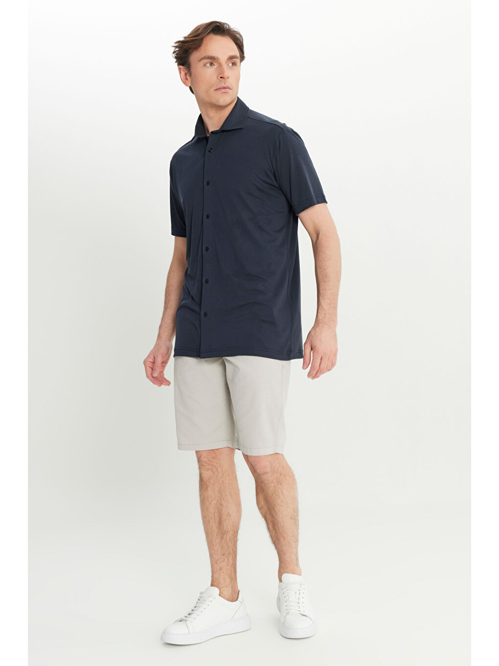 Erkek Antrasit Comfort Fit Rahat Kesim Gömlek Yaka Kısa Kollu Gömlek-1