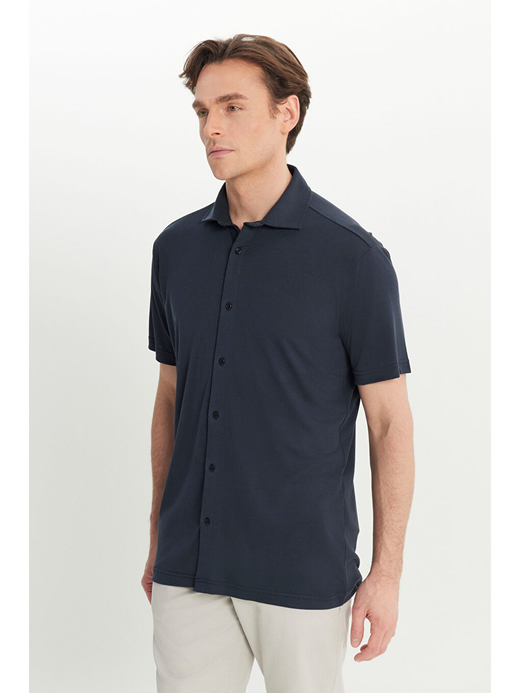 Erkek Antrasit Comfort Fit Rahat Kesim Gömlek Yaka Kısa Kollu Gömlek-2