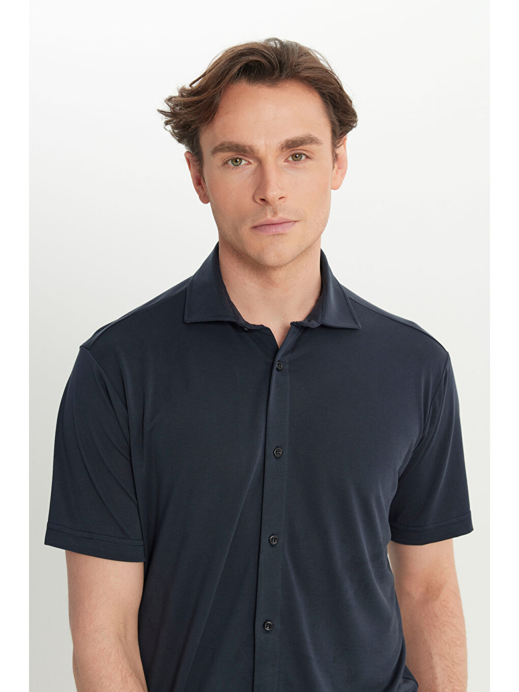 Erkek Antrasit Comfort Fit Rahat Kesim Gömlek Yaka Kısa Kollu Gömlek-3