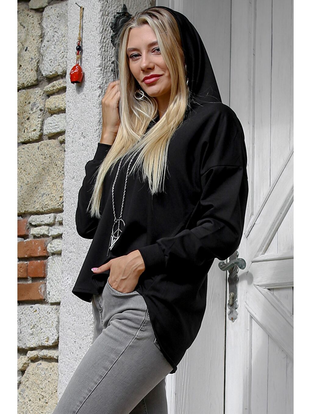 Siyah Kapüşonlu Uzun Kol Örme Casual Sweatshirt