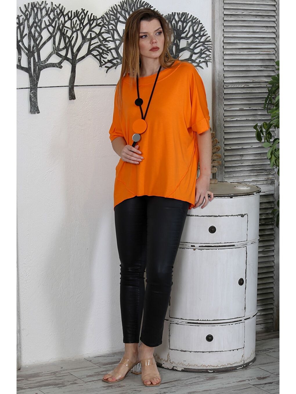 Turuncu Yuvarlak Yaka Kısa Kol Örme Oversize Casual Tişört-4