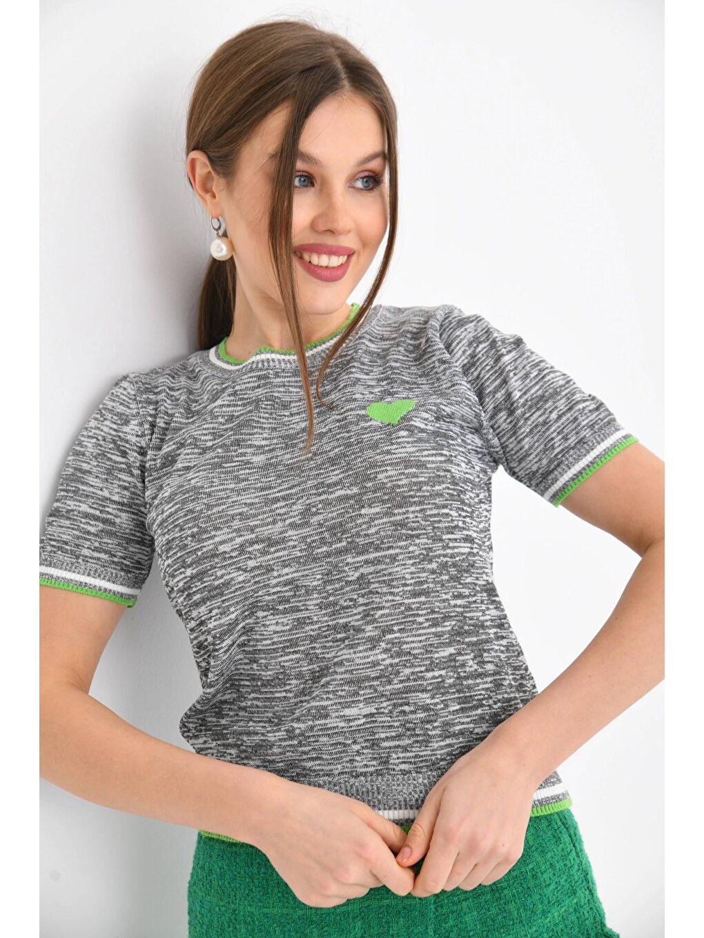 Yeşil Kalp Desenli Kısa Kol Mevsimlik Kazak-3