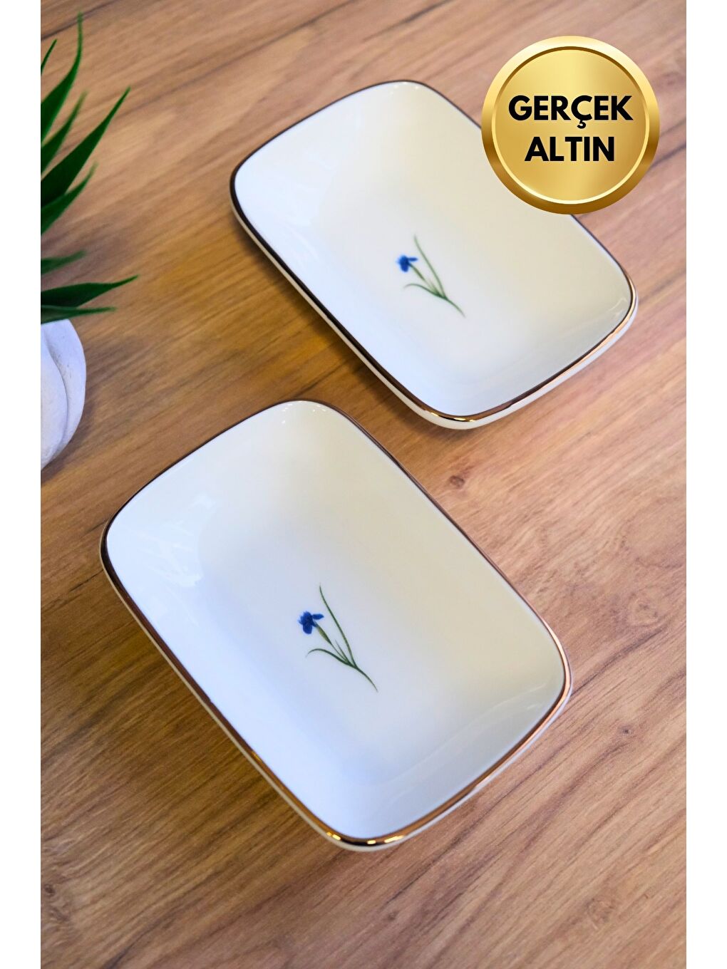 Karışık Porselen Natura İris Altın Yaldızlı Dikdörtgen Kayık Tabak 12x8,50cm 2 li-2