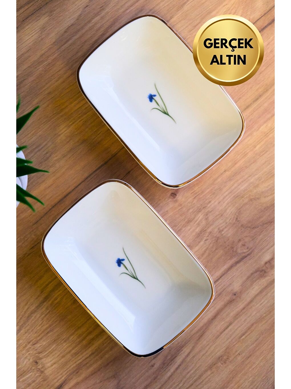 Karışık Porselen Natura İris Altın Yaldızlı Dikdörtgen Kayık Tabak 12x8,50cm 2 li-3