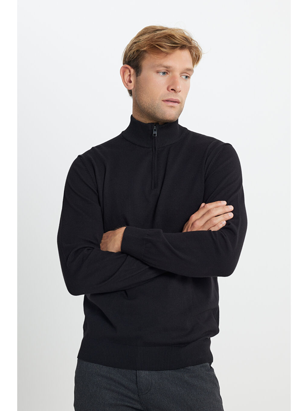 Erkek Siyah Pamuklu Sıcak Tutan Standart Fit Normal Kesim Bato Yaka Triko Kazak-2