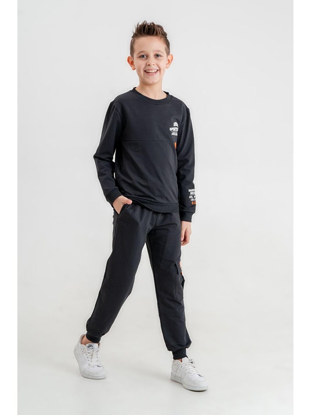 Mışıl Kids Füme Sportwear Baskılı Bisiklet Yaka Kargo Cepli Alt Üst Eşofman Takımı