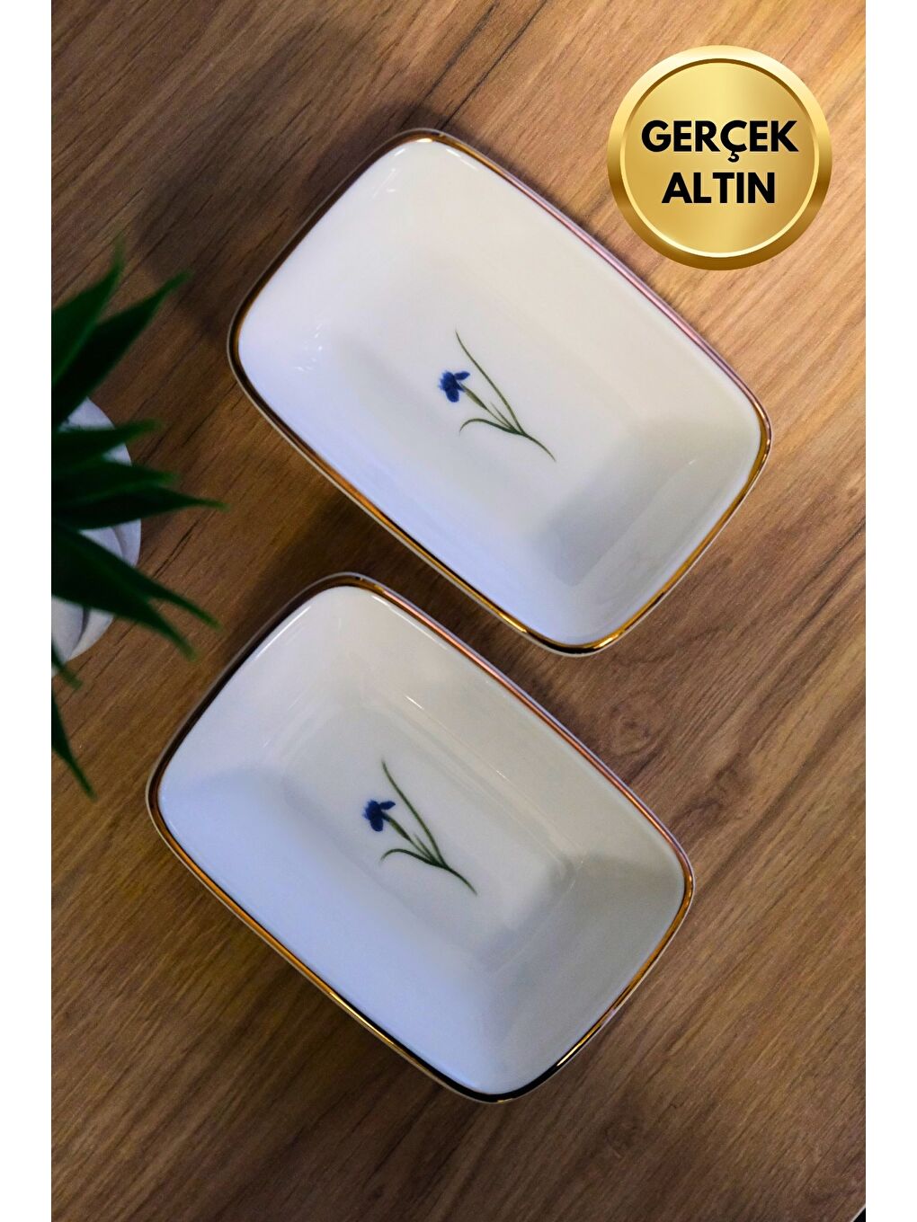 Karışık Porselen Natura İris Altın Yaldızlı Dikdörtgen Kayık Tabak 14X9,8cm 2 li