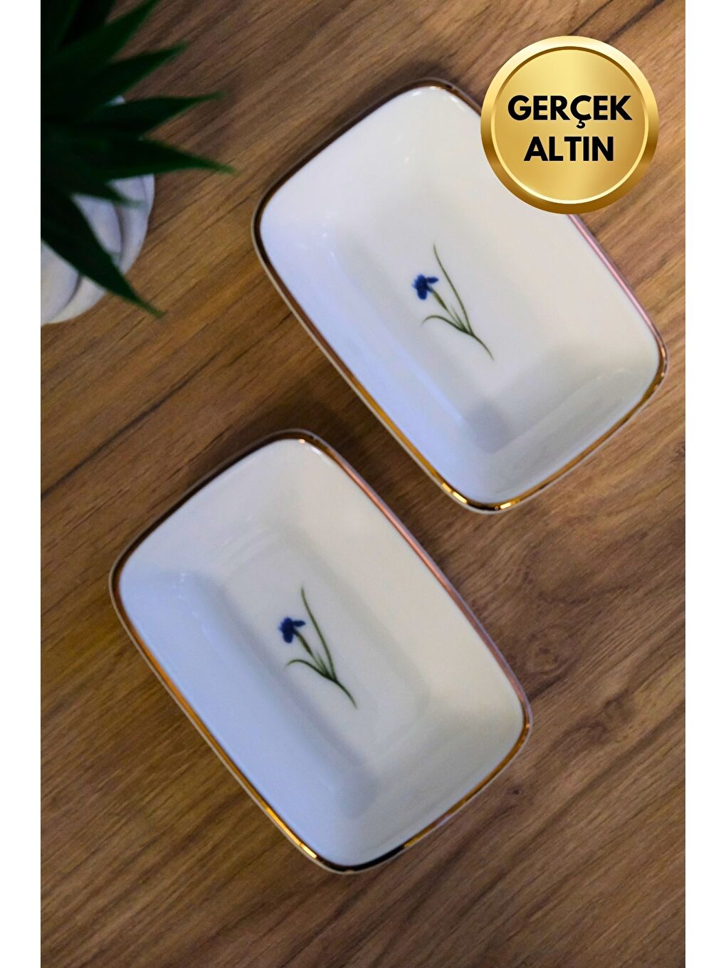 Karışık Porselen Natura İris Altın Yaldızlı Dikdörtgen Kayık Tabak 14X9,8cm 2 li-2