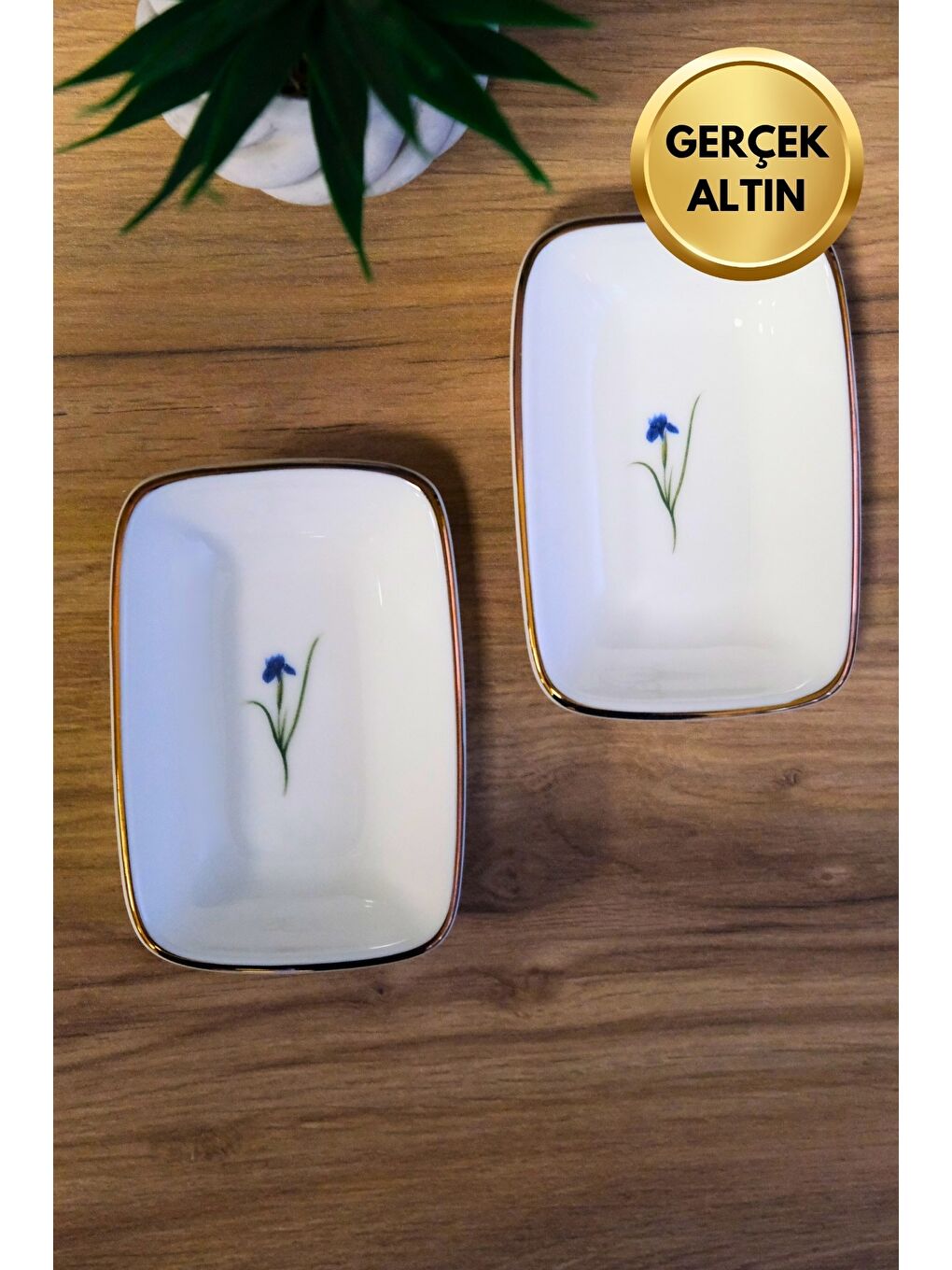 Karışık Porselen Natura İris Altın Yaldızlı Dikdörtgen Kayık Tabak 14X9,8cm 2 li-3